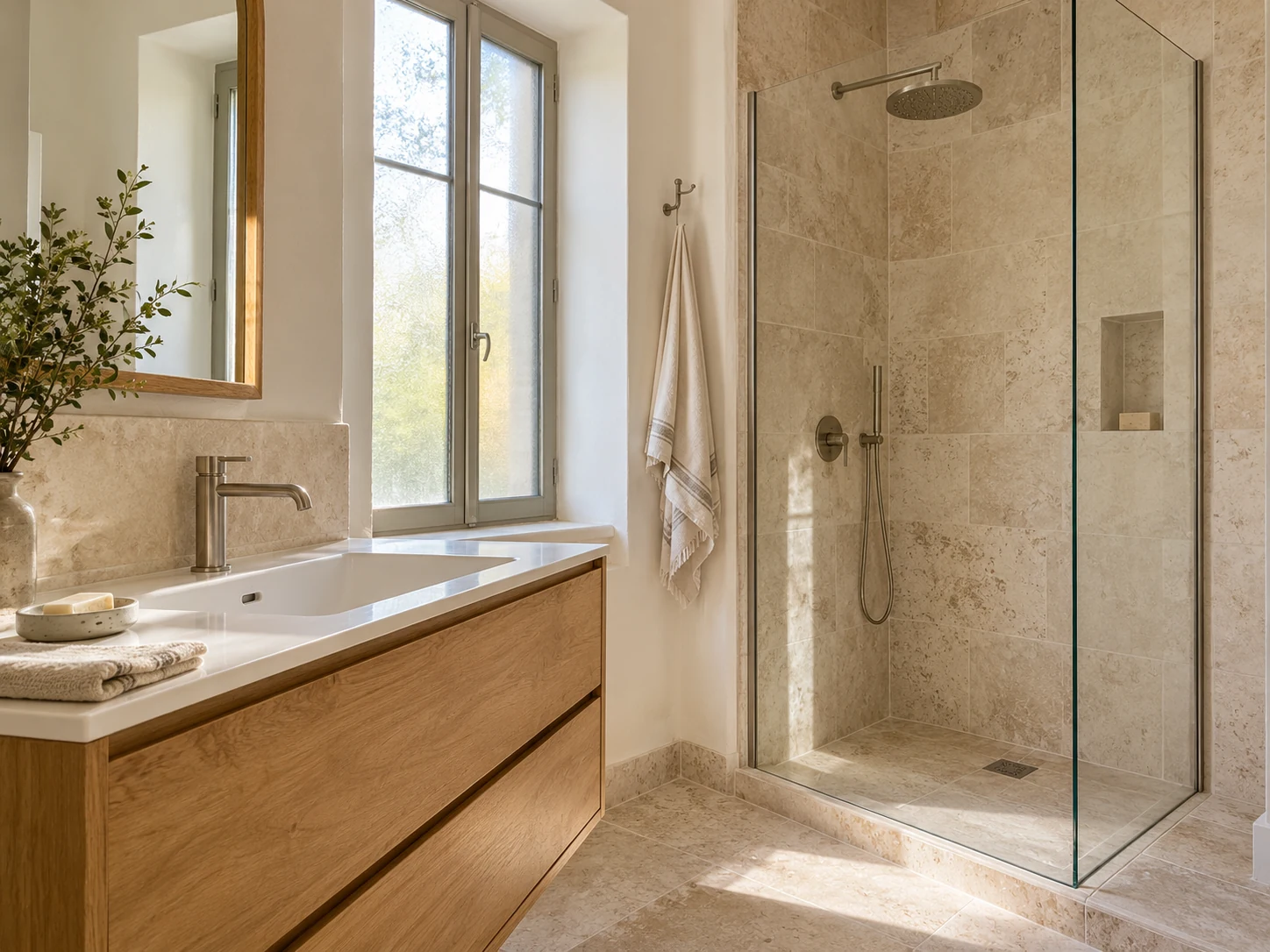 Illustration d’une salle d’eau en pierre claire, avec meuble en chêne et douche vitrée
