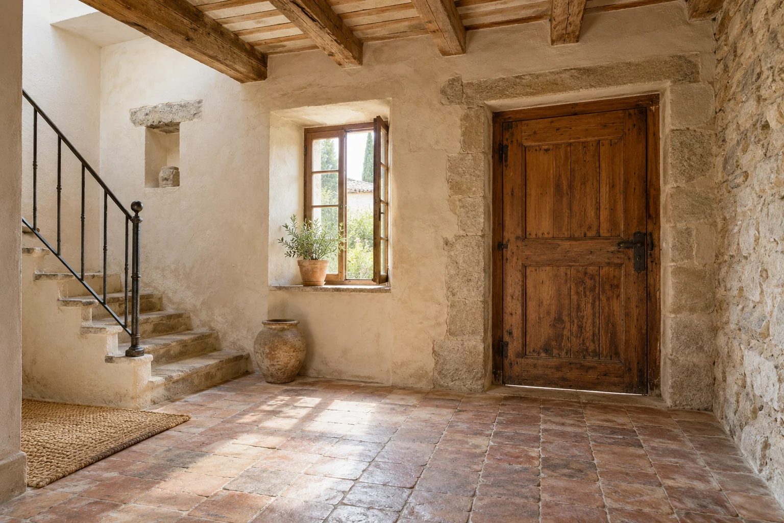 Entrée de maison ancienne avec tomettes, poutres, pierre et porte en bois