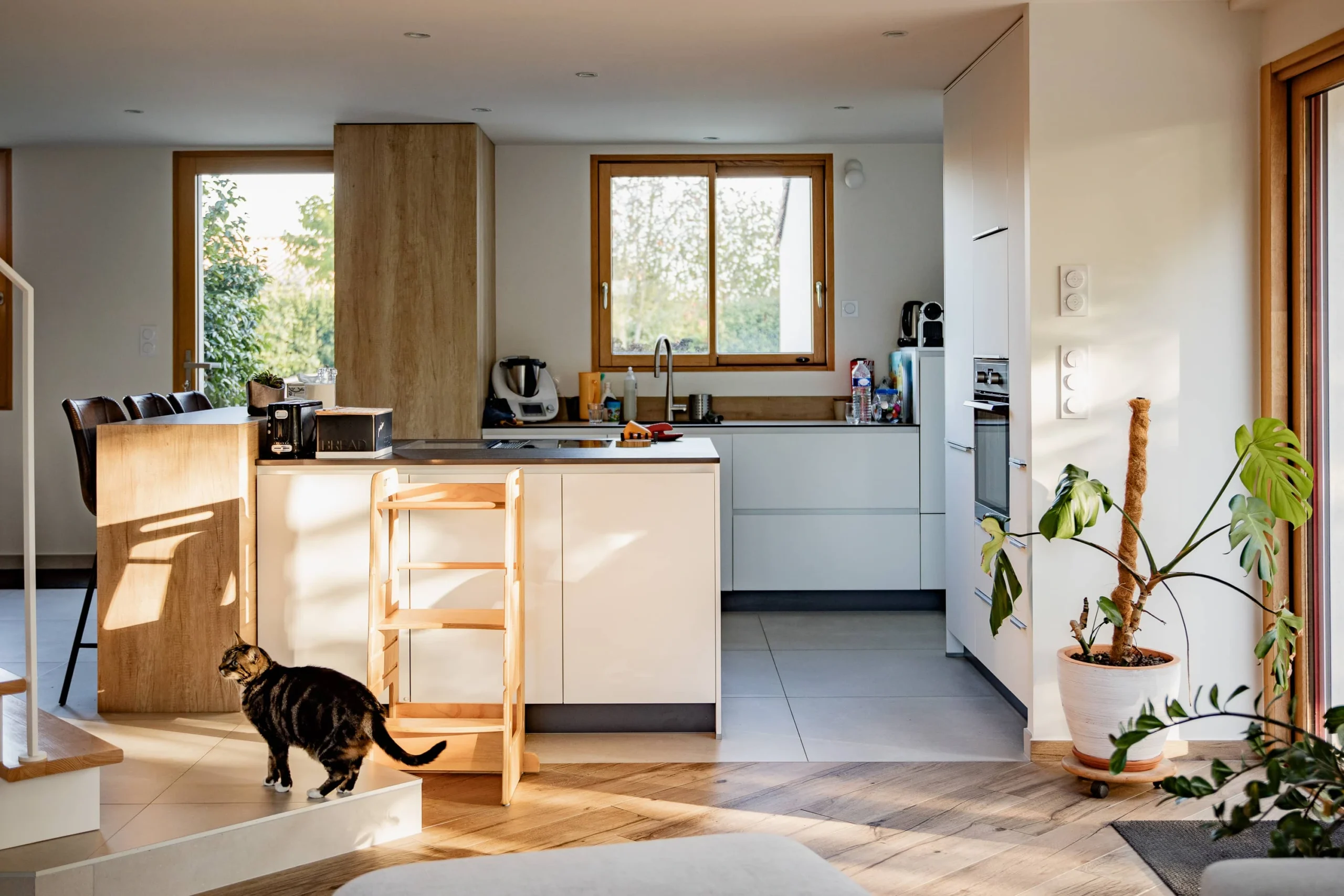 Cuisine ouverte rénovée à Montaigu, avec îlot, bois clair et lumière naturelle