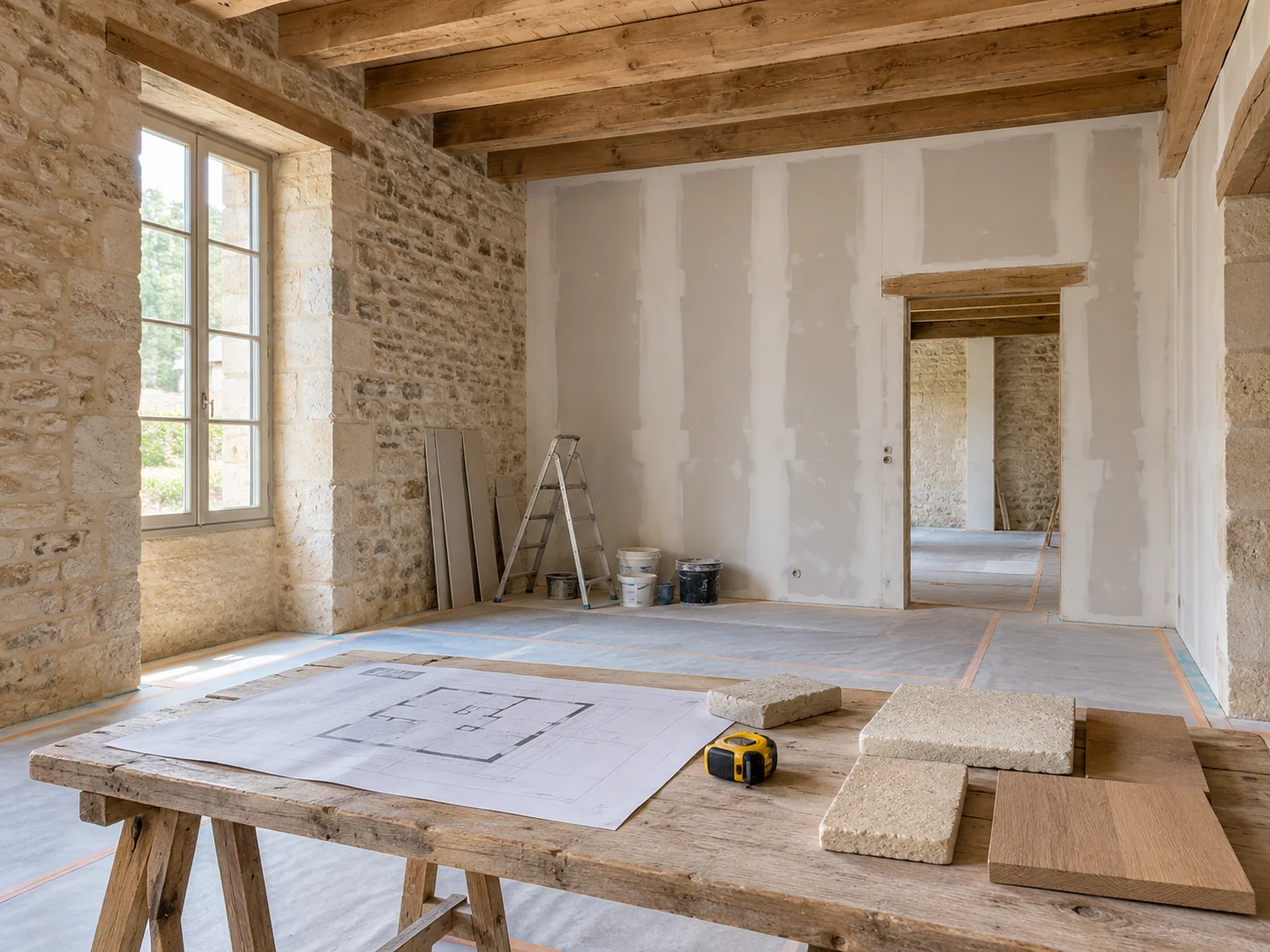 Illustration d’un chantier de rénovation avec plans et échantillons de matériaux au premier plan