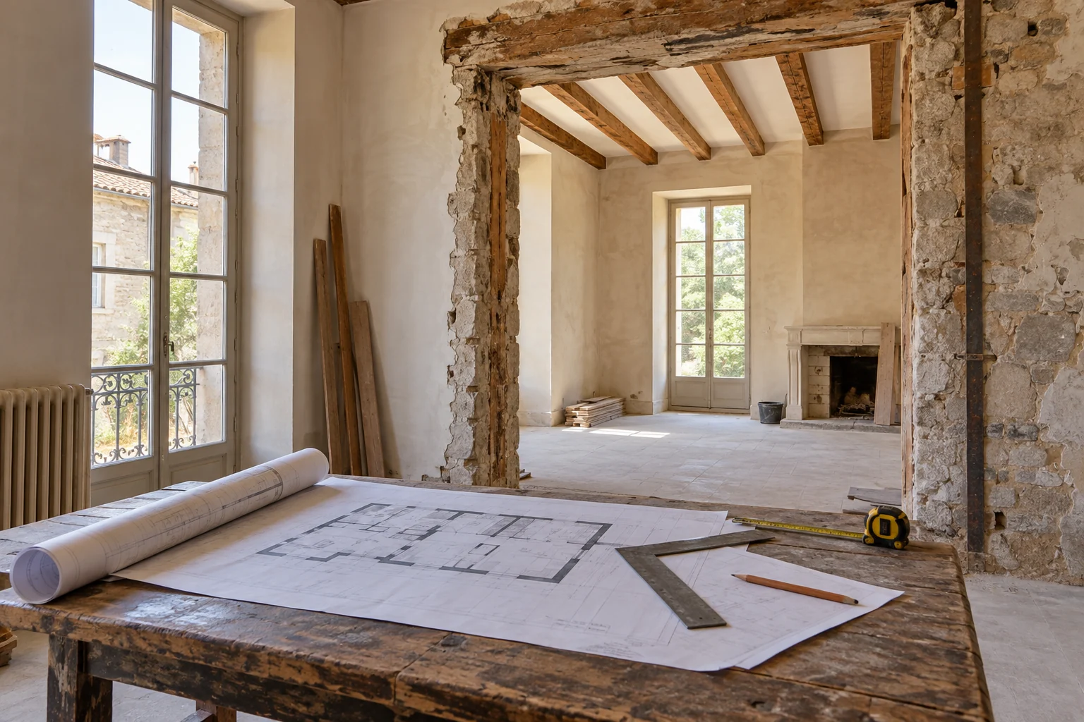 Plans de rénovation sur une table devant les volumes ouverts d’une maison ancienne