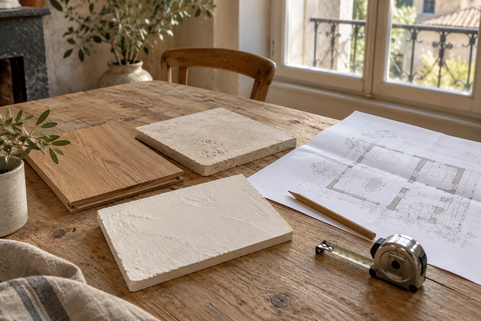 Échantillons de bois, de pierre et d’enduit sur une table avec un plan de rénovation
