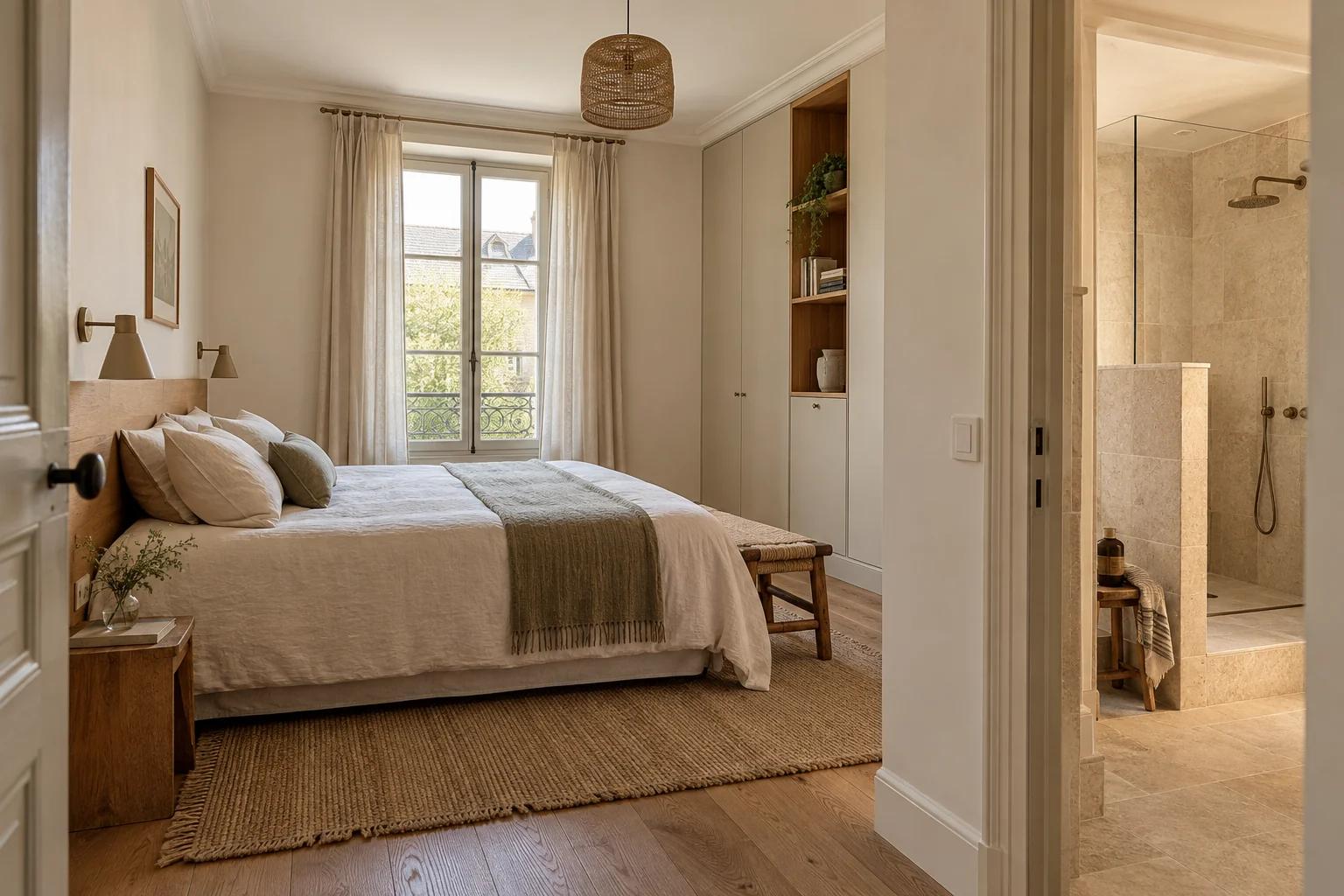 Chambre aux tons naturels avec rangements et salle d’eau attenante