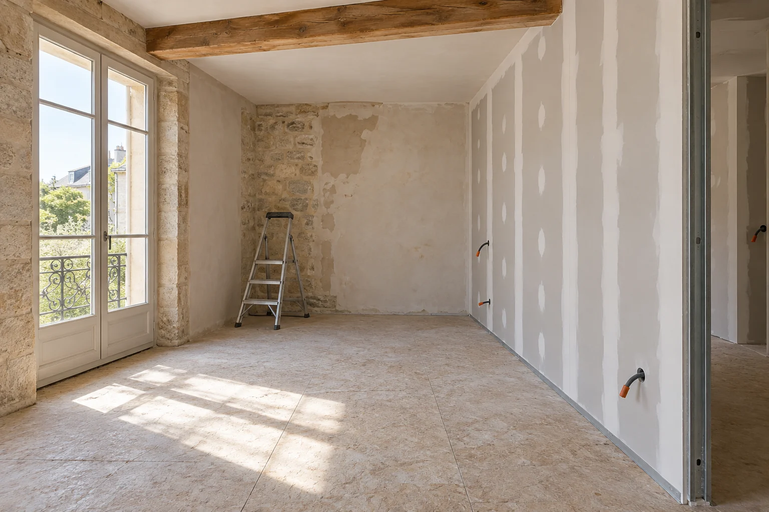 Pièce en cours de rénovation avec cloison en plaques de plâtre avant les finitions